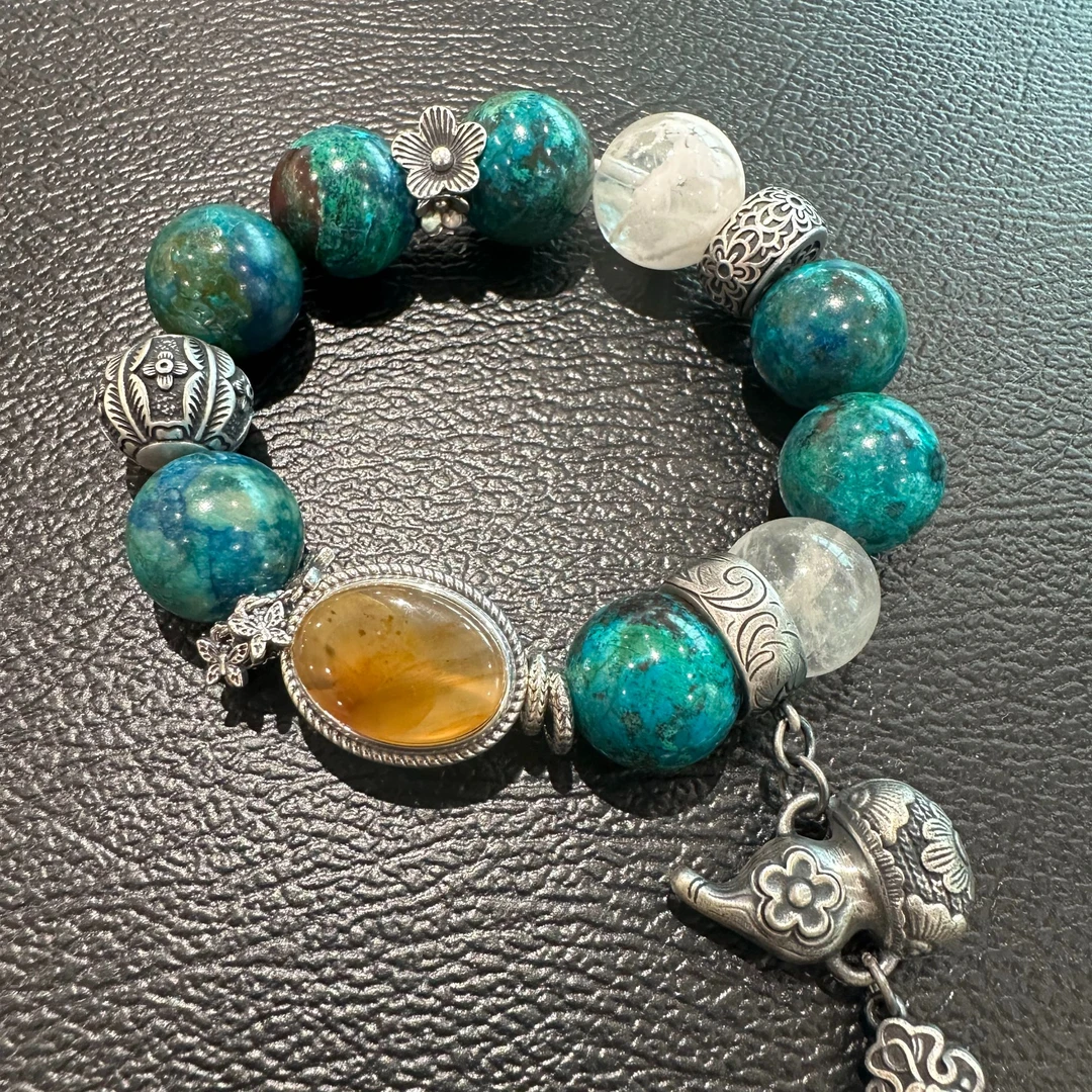 S10678<非晚>S925银凤凰松雪花幽灵蝴蝶环玛瑙镶嵌葫芦弹力手串