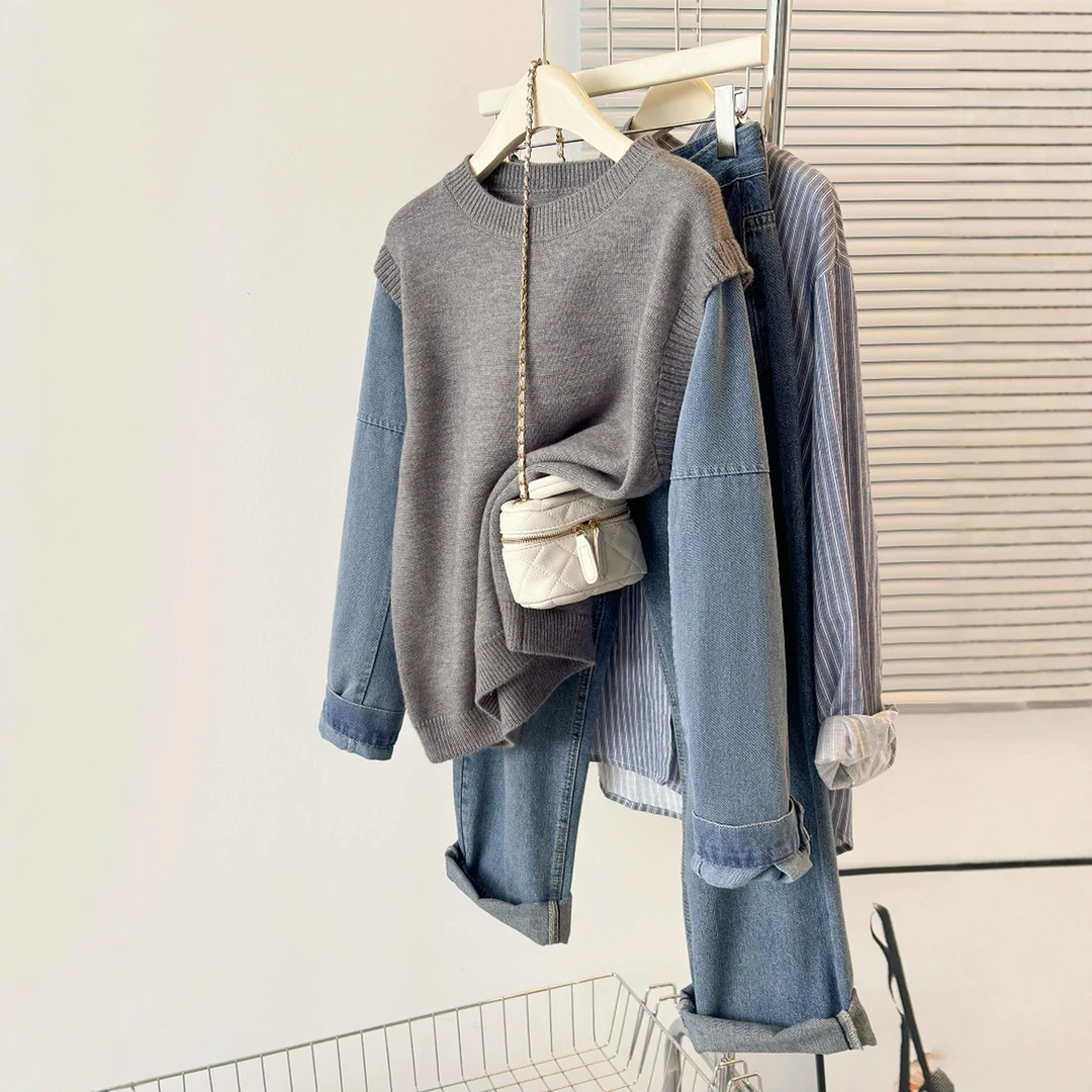 【运费补贴】慵懒风休闲毛衣设计感假两件上衣牛仔袖拼接针织衫A958