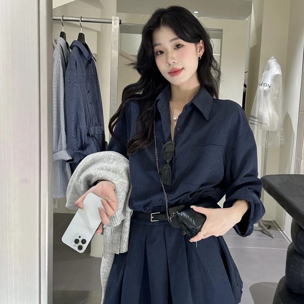 Cute Club 甜美风设计感收腰显瘦格子衬衫连衣裙秋季宽松百搭裙子