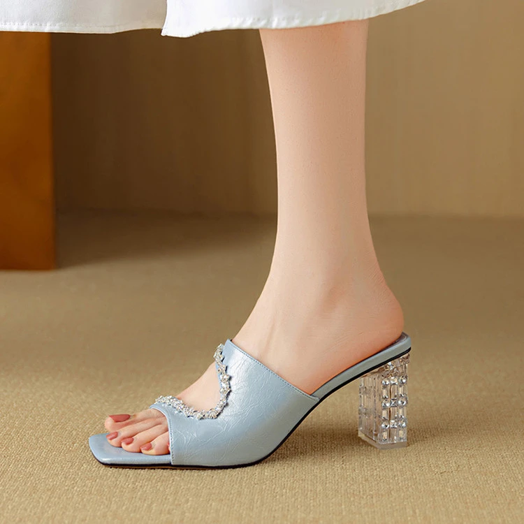 2025新款方头凉拖鞋女夏季外穿时尚半拖鞋高跟鞋女粗跟凉鞋女水钻