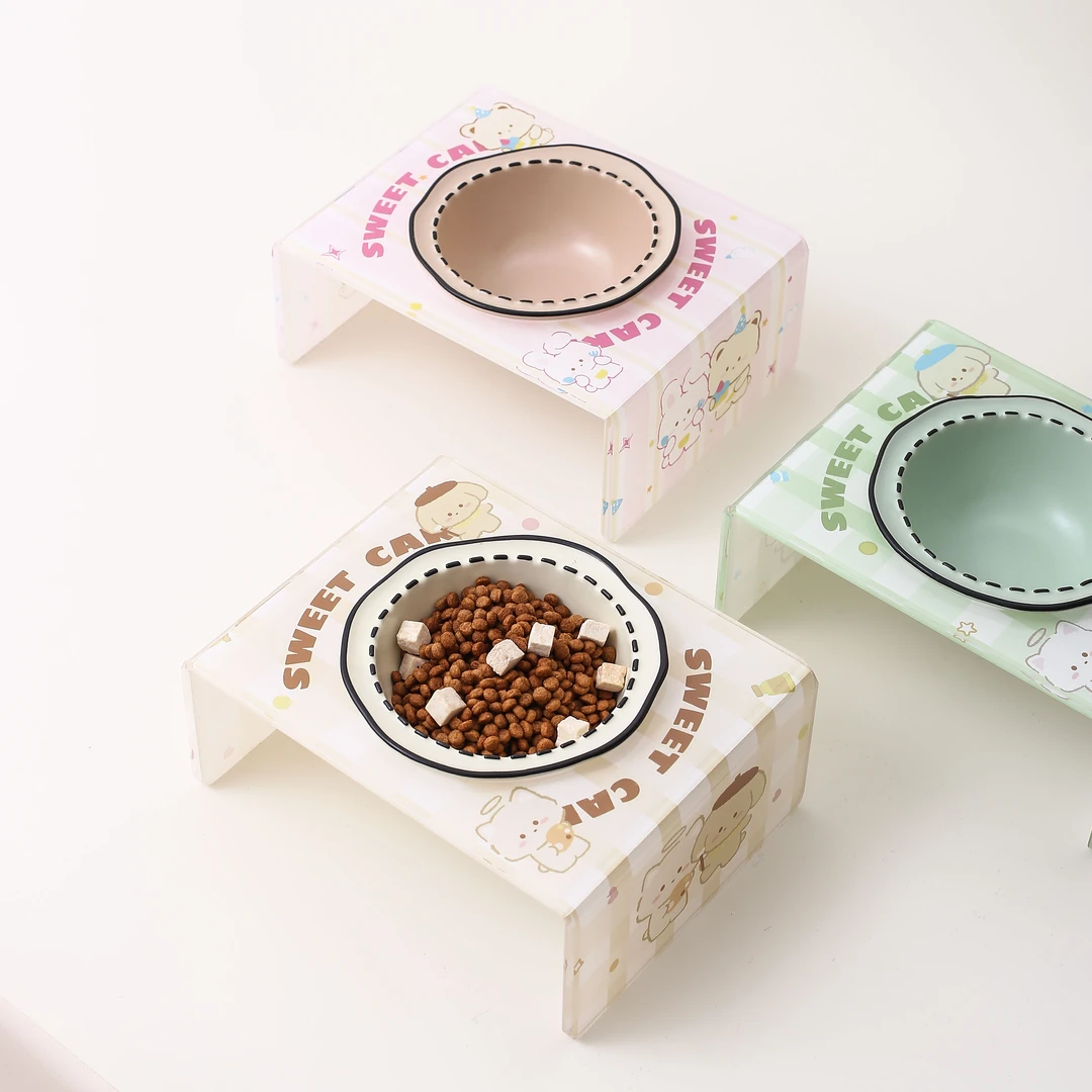 创意漫画碗带兔熊亚克力架陶瓷宠物碗防打翻食盆猫咪水碗猫碗狗碗