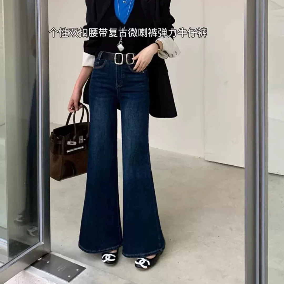 秋冬高腰显瘦复古蓝微喇阔腿牛仔裤百搭时尚