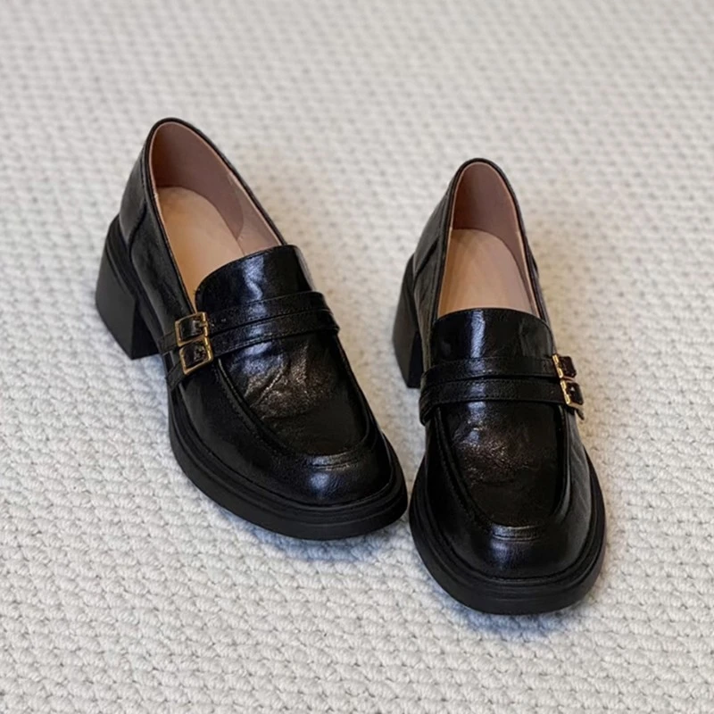 复古厚底一脚蹬乐福鞋女2025新款加绒通勤百搭粗跟英伦风小皮鞋子