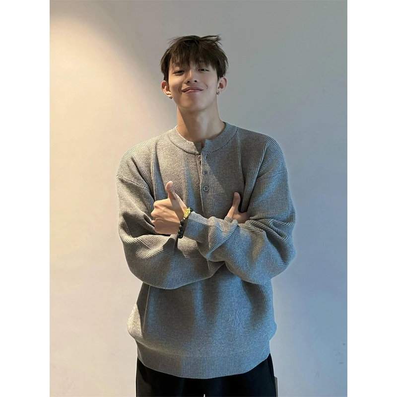 浅灰色美式亨利领毛衣男款秋冬高级感慵懒风针织衫长袖polo打底衫