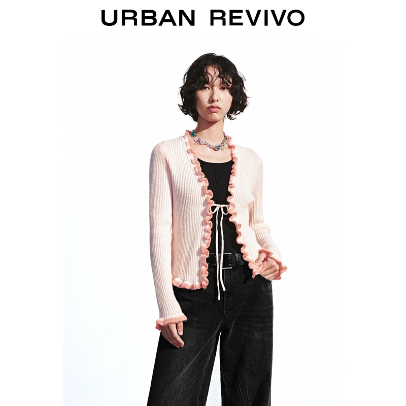 UR2025秋季新款女装休闲木耳边短款针织开衫UYV950082+