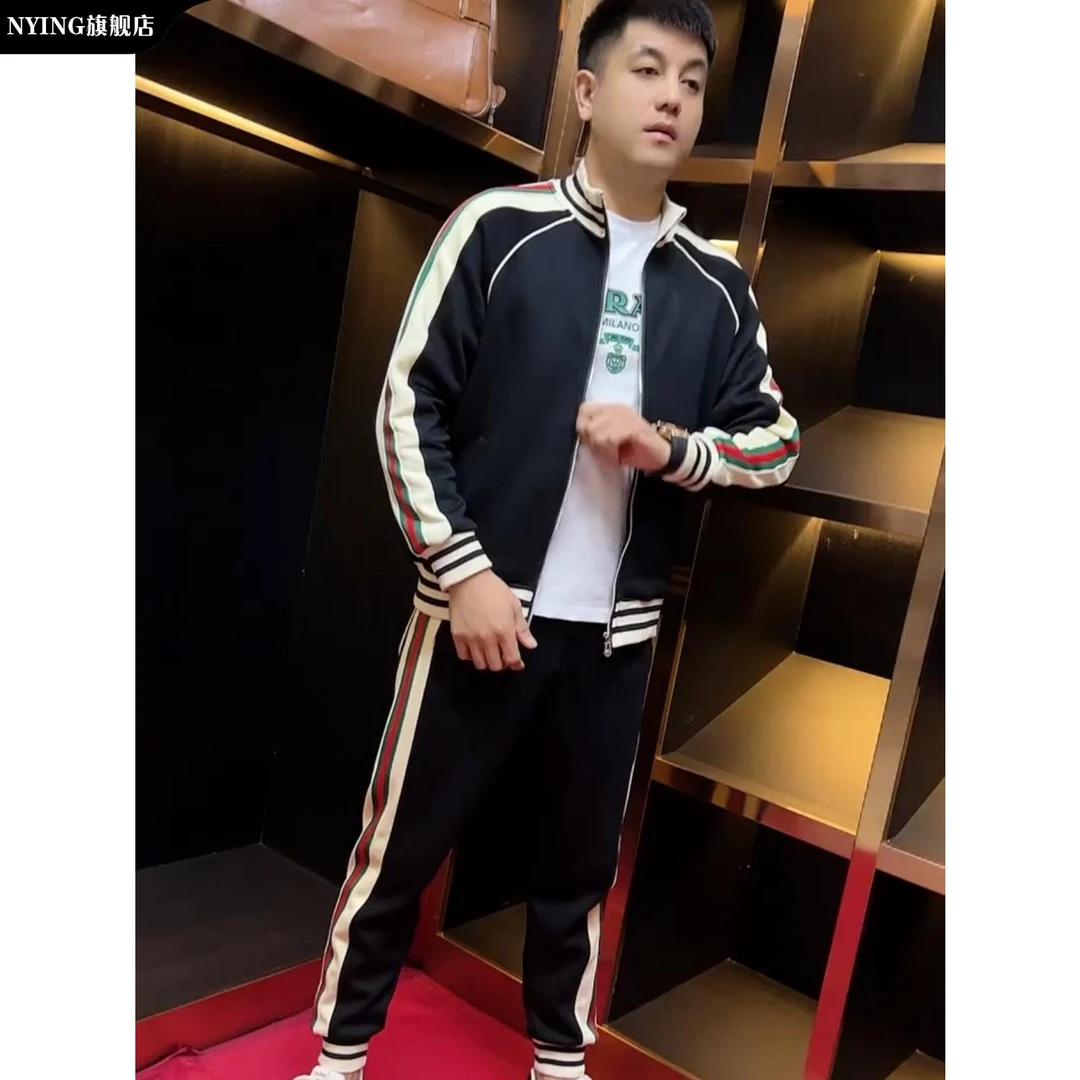 NYING春秋新款拼接时尚运动休闲套装男百搭立领外套束脚裤两件套