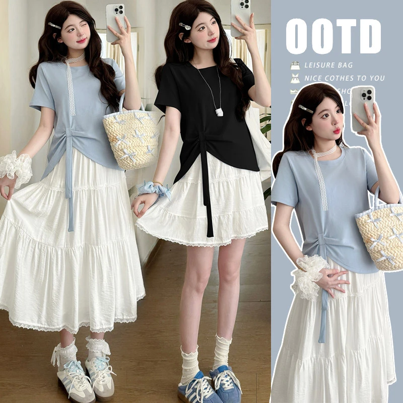 2025孕妇装新款设计感舒适短袖上衣花边蛋糕半裙孕妈韩系长短套装