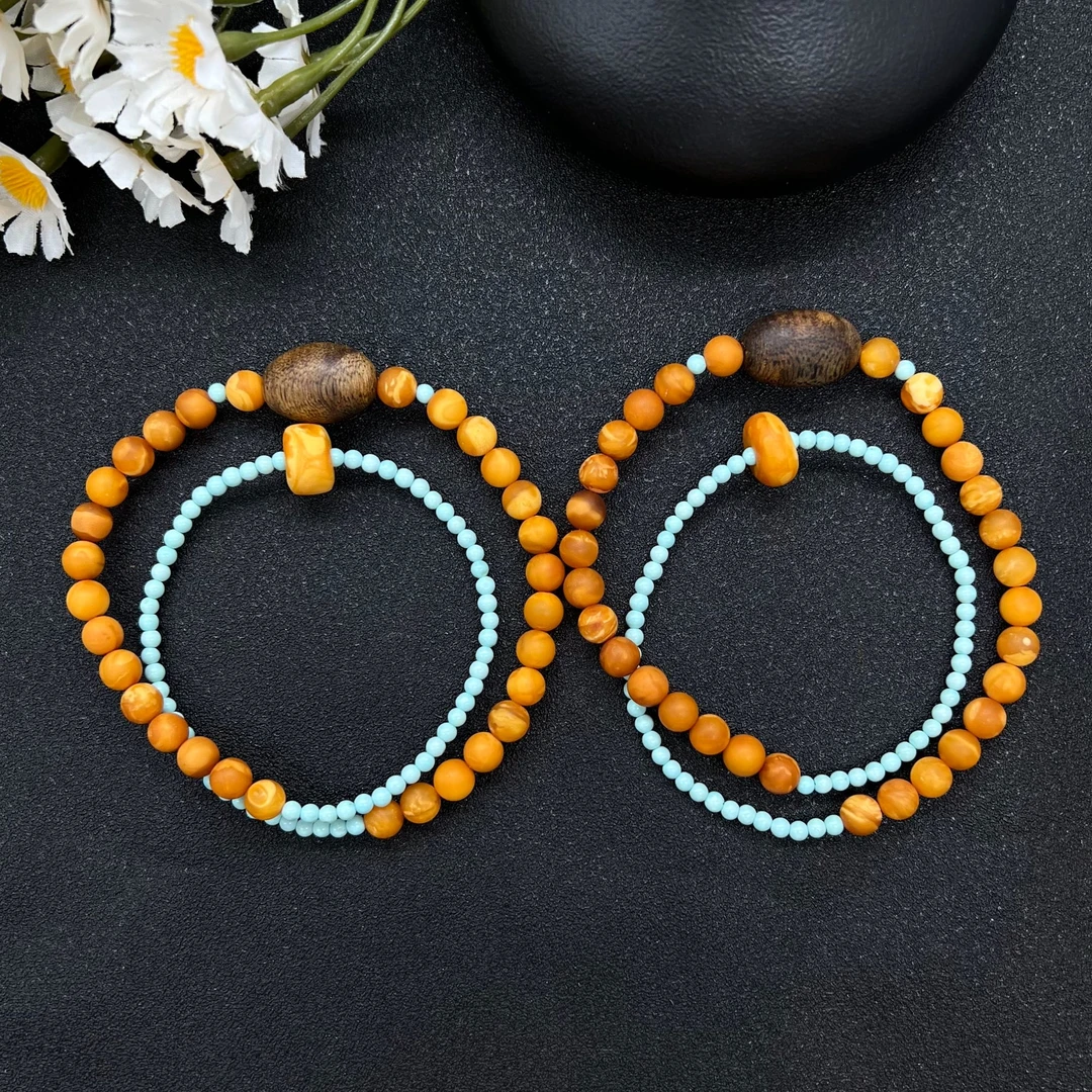 【润家原创】天然琥珀蜜蜡5-6mm橘皮花蜡绿松双圈-多样性发货一件