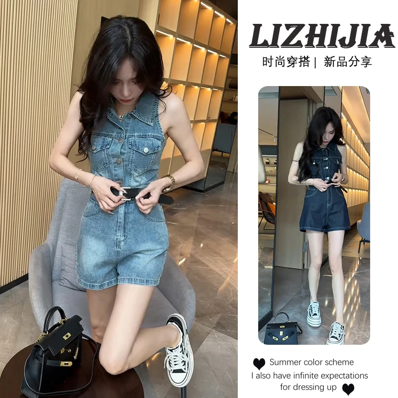 夏季复古辣妹挂脖口袋无袖马甲女高腰阔腿裤短裤酷飒风牛仔套装