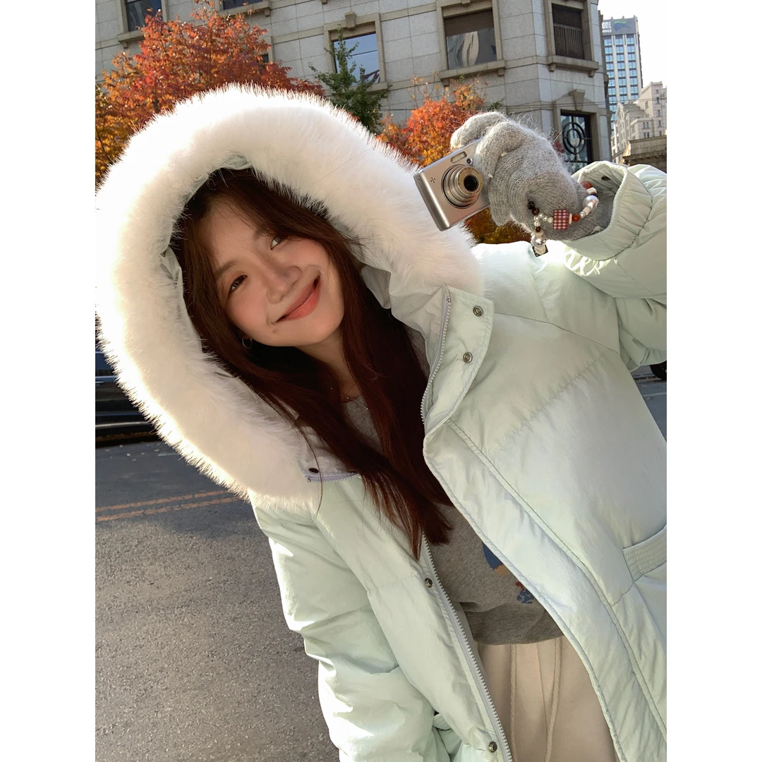 【西西里安】 芬兰漫雪~轻盈保暖毛领可拆中长款90白鸭绒羽绒服