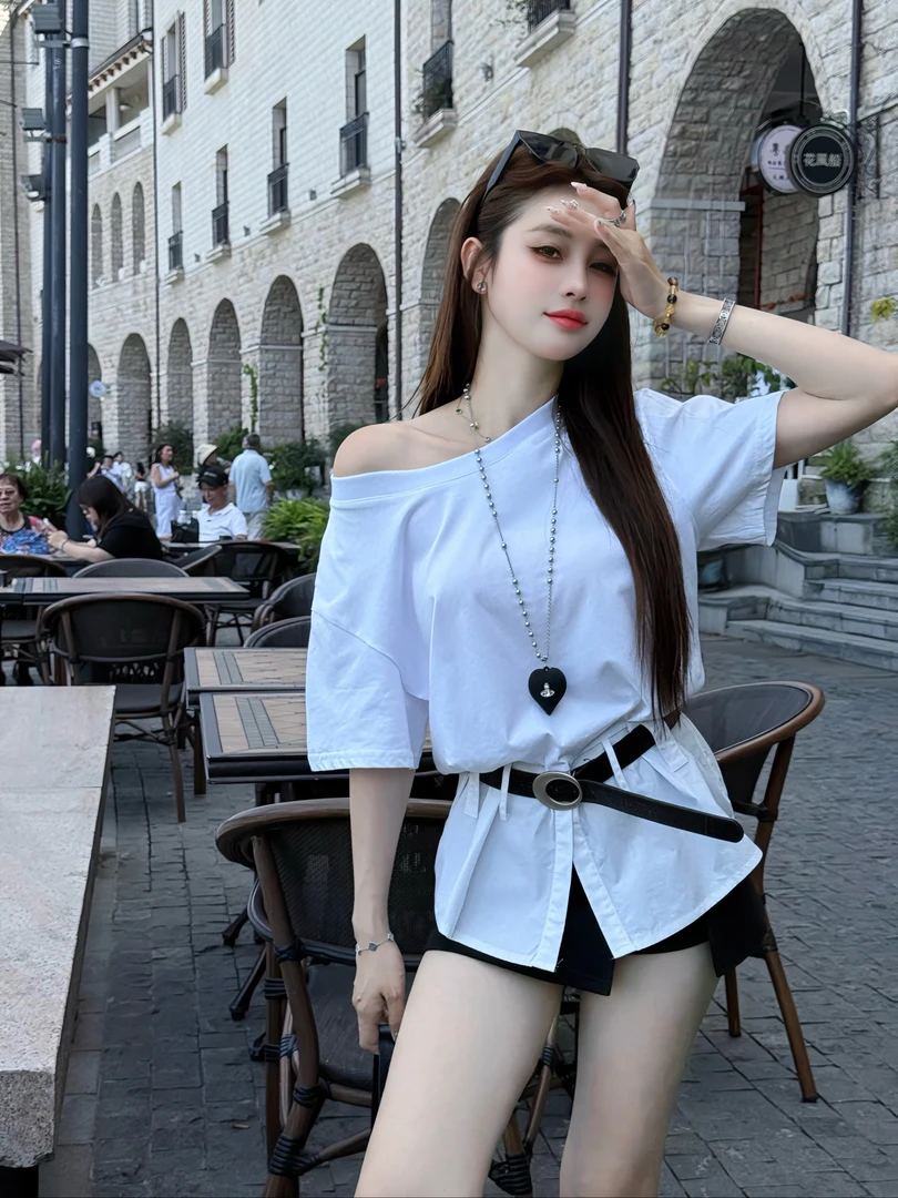 【十一家】原创斜肩短袖T恤女夏季别致独特露肩➕裙裤套装E3002