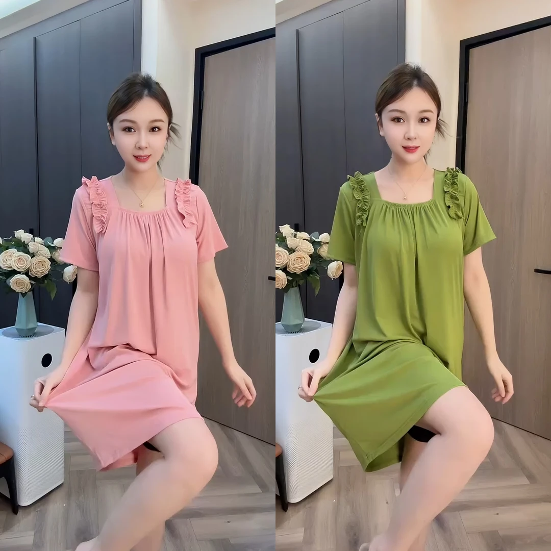 女士夏季新款糖果色休闲睡裙薄款时尚宽松大码中长款舒适透气显瘦