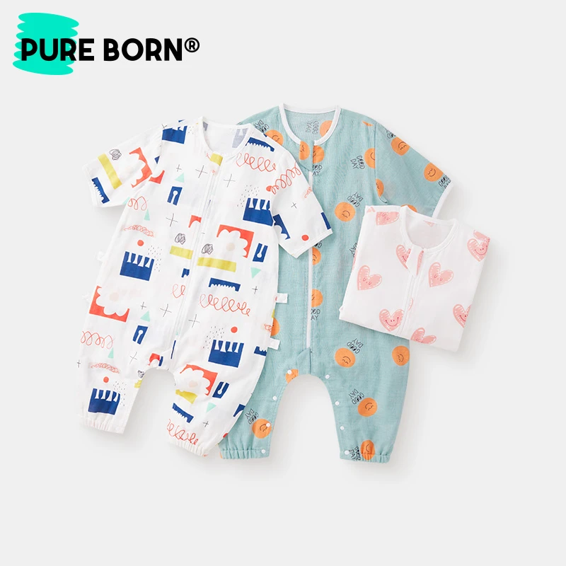 【纱布睡袋】博睿恩宝宝夏款婴幼儿纯棉纱布清爽透气长袖分腿睡衣