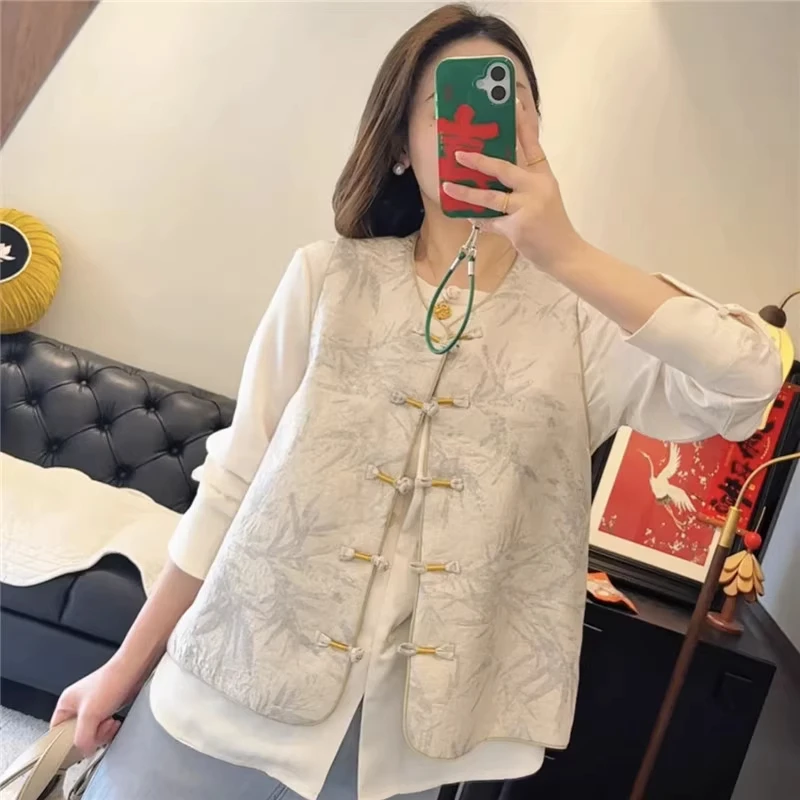 2025早秋新款时尚新中式提花马甲国风圆领漂亮马夹上衣薄外套女