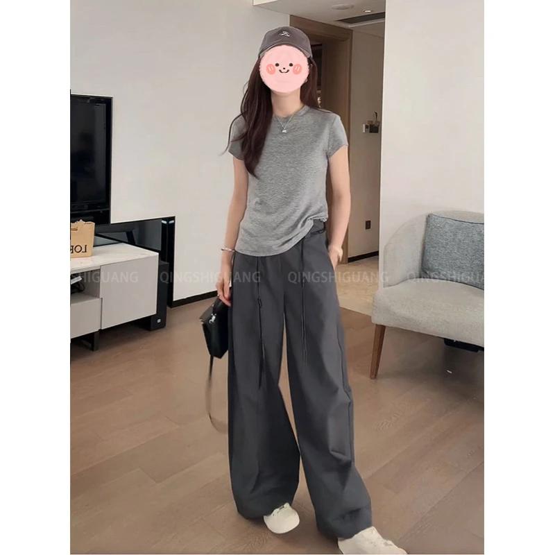 2025夏季时尚简约纯色圆领短袖T恤上衣显瘦百搭薄款休闲裤套装女