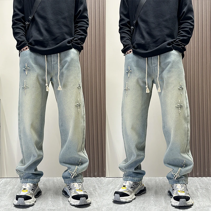 松紧腰老爹牛仔裤男秋春秋季新款高腰复古宽松显瘦休闲哈伦裤DS