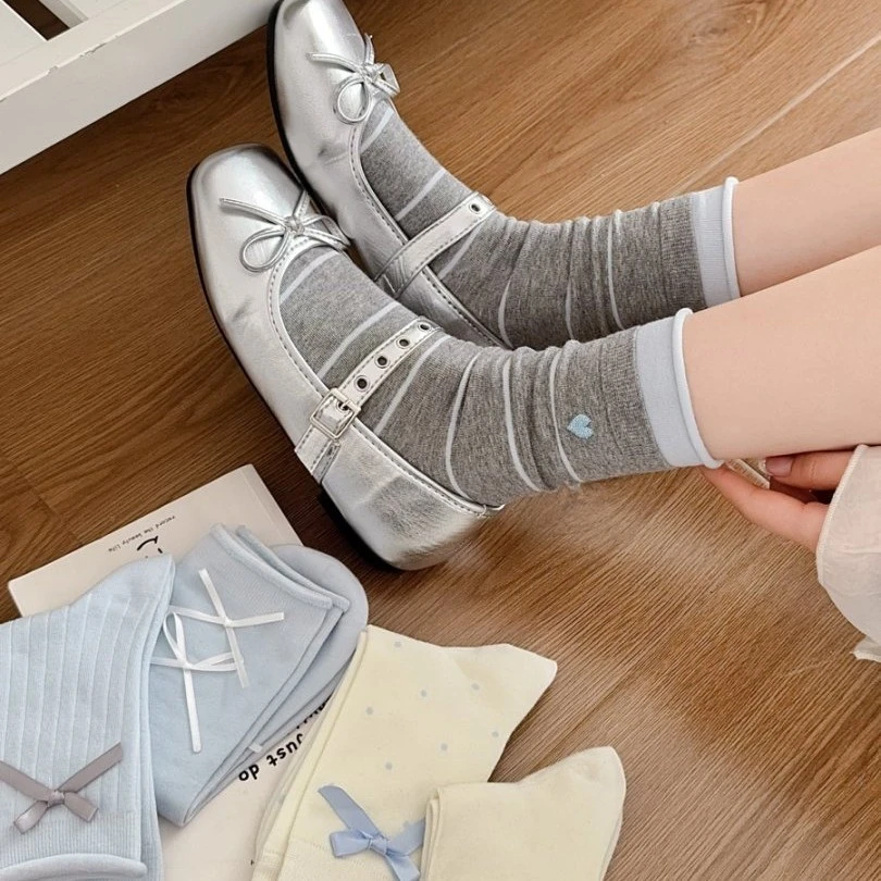 Mekki春夏春秋女袜袜韩系ins蝴蝶结刺绣堆堆袜日系复古女生袜子