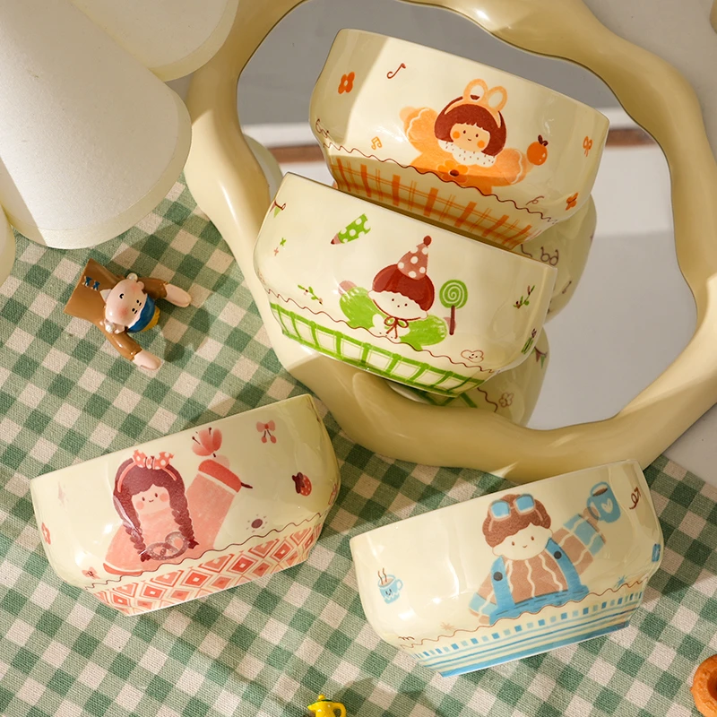 【4个装】家有儿女米饭碗家用陶瓷釉下彩超好看吃饭碗可爱餐具碗