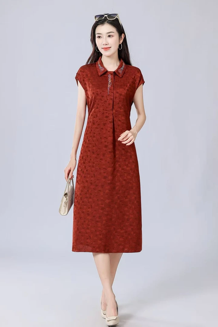 【红龟刺绣裙】夏季女装气质玫瑰花连衣裙收腰显瘦圆领时尚裙子1137