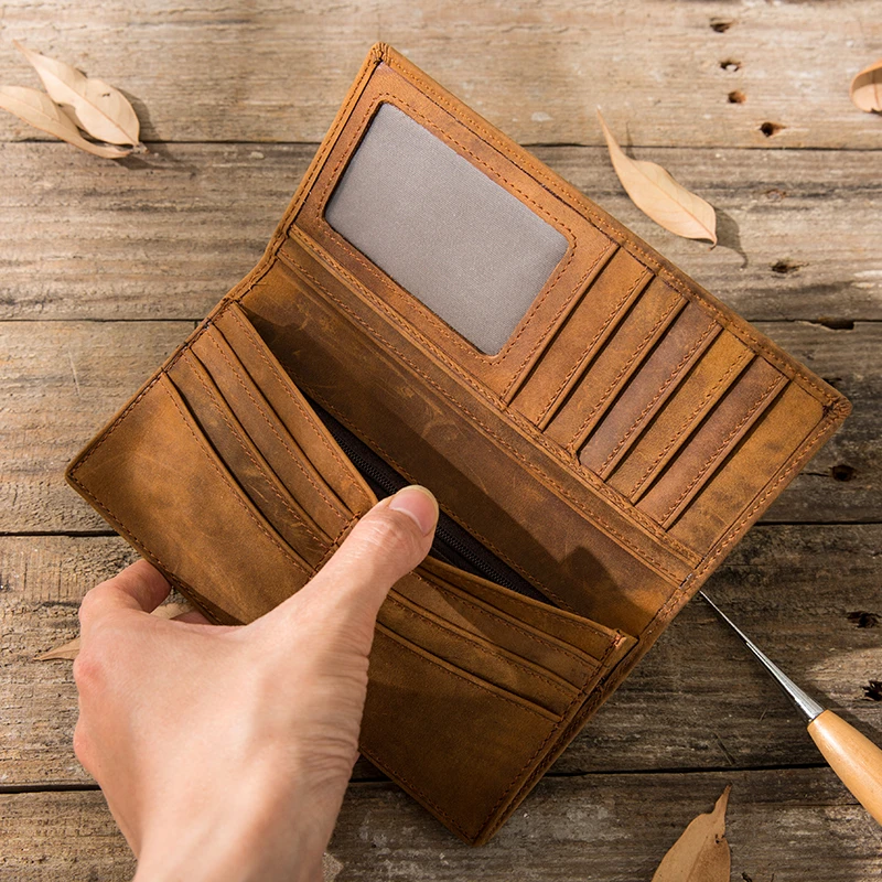后步男士复古长款真皮钱包头层牛皮多功能日系手工钱夹文艺手拿包