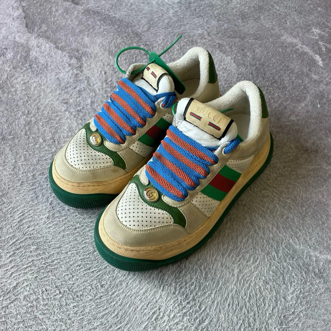 99新 GUCCI/古驰 screener胖丁鞋米白绿/37码/原盒