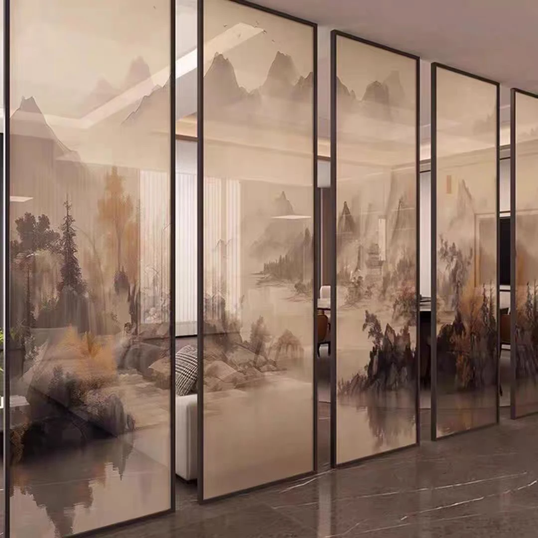 艺术玻璃山水画夹丝玻璃屏风隔断超白适用于客厅玄关卫生间