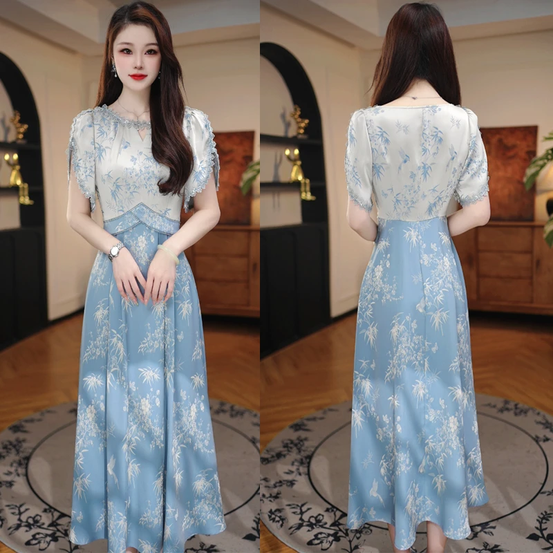 【青雀衔梅】假两件夏季连衣裙2025年新款气质高贵轻奢高端A字裙子