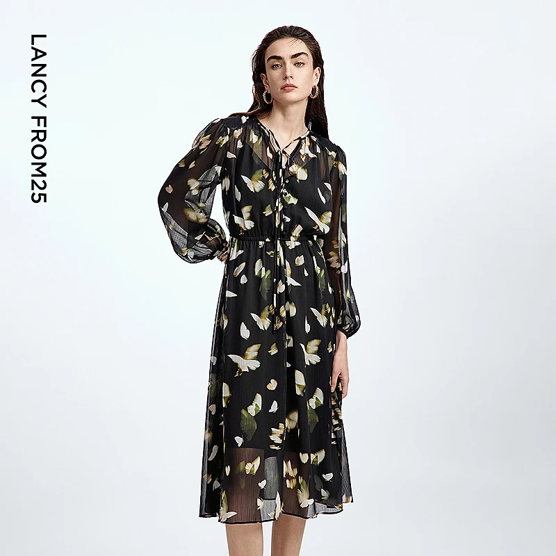 朗姿雪纺垂感印花度假风连衣裙v领收腰气质连衣裙2025年秋季新款