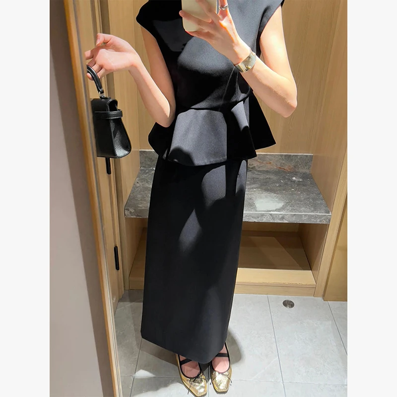 法式赫本风气质套装女2025夏季新款黑色无袖背心上衣半身裙两件套