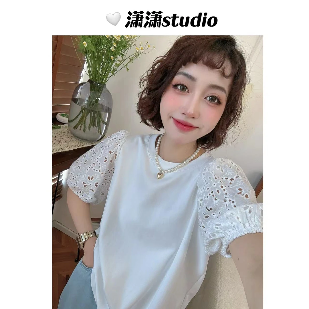 【刺绣泡泡半袖】【百搭】【实用】潇潇弹力棉刺绣袖口半袖T恤XS2402