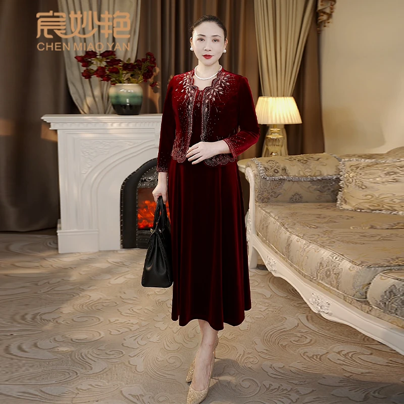 宸妙艳喜婆婆喜妈妈洋气贵夫人丝绒连衣裙大码妈妈婚宴礼服两件套