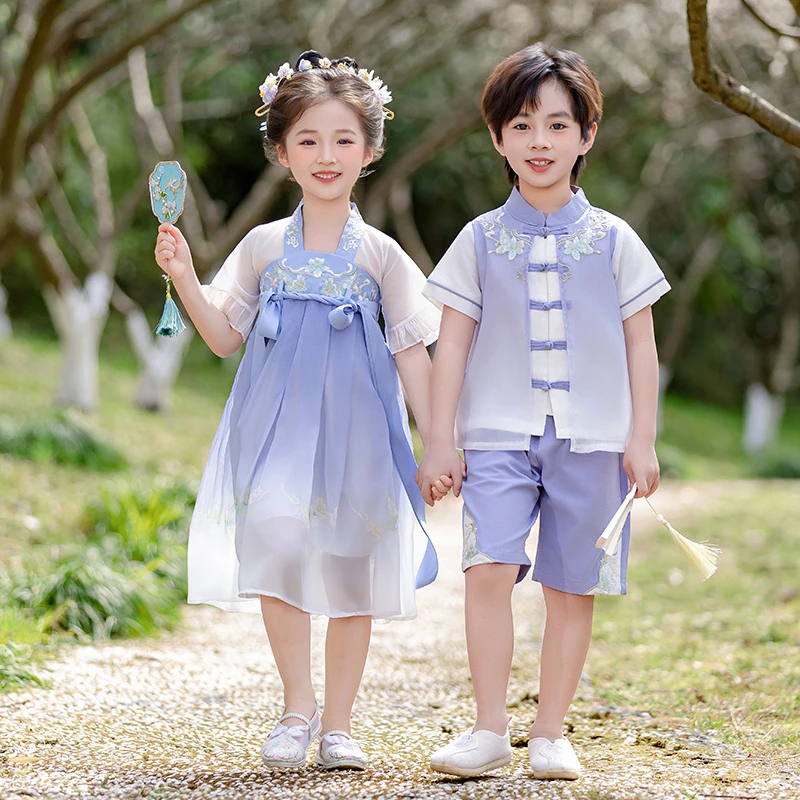 儿童汉服夏季新款男童中国风唐装两件套女童复古连衣裙节日表演服