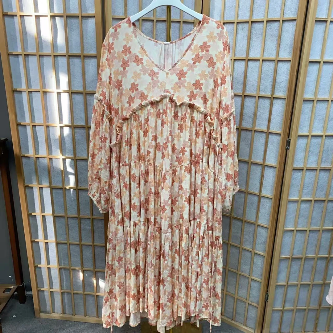 法式复古扎染长袖连衣裙夏新款温柔风轻奢高级感V领连衣裙T014-1