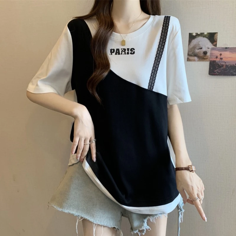 大码假两件撞色短袖T恤女夏季新款胖MM宽松显瘦百搭洋气正肩上衣
