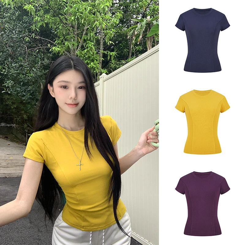 Moses Queen/魔西女王黄色时髦凉感短袖t恤夏季修身鱼骨辣妹上衣