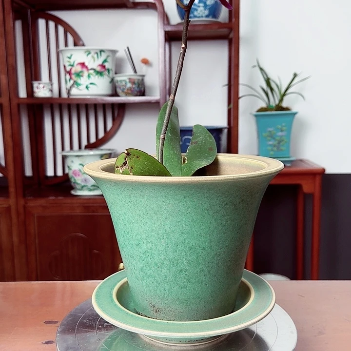 摆件c**n绿釉哑光斗笠陶瓷盆微瑕