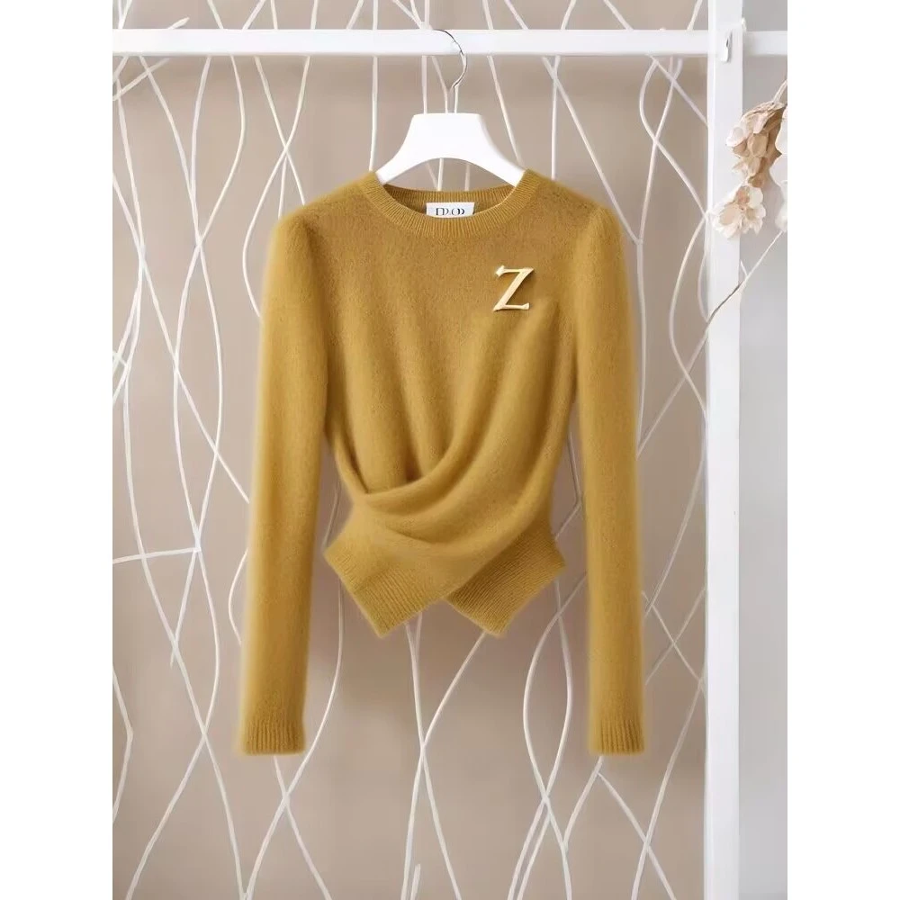 2024年冬季穿搭高级感气质名媛设计感收腰黄色秋冬小个子针织毛衣