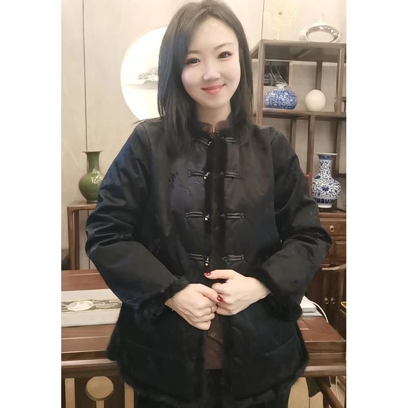 【国潮美学】秋冬重工刺绣貂毛拼接盘扣新中式立领保暖棉服外套555