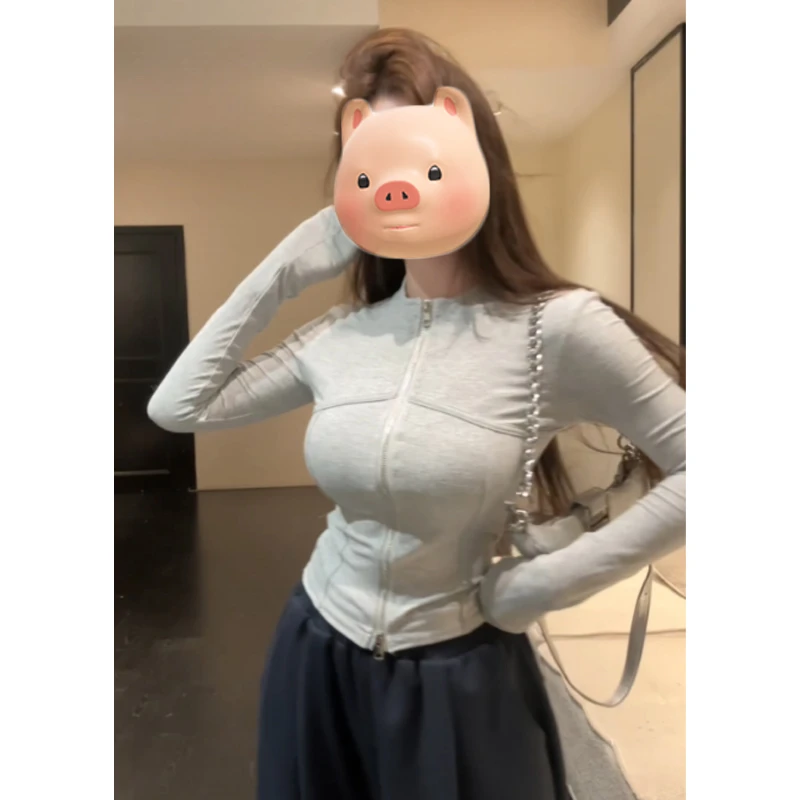 灰色双拉链长袖T恤女秋冬修身显瘦紧身辣妹短款开衫早秋chic上衣