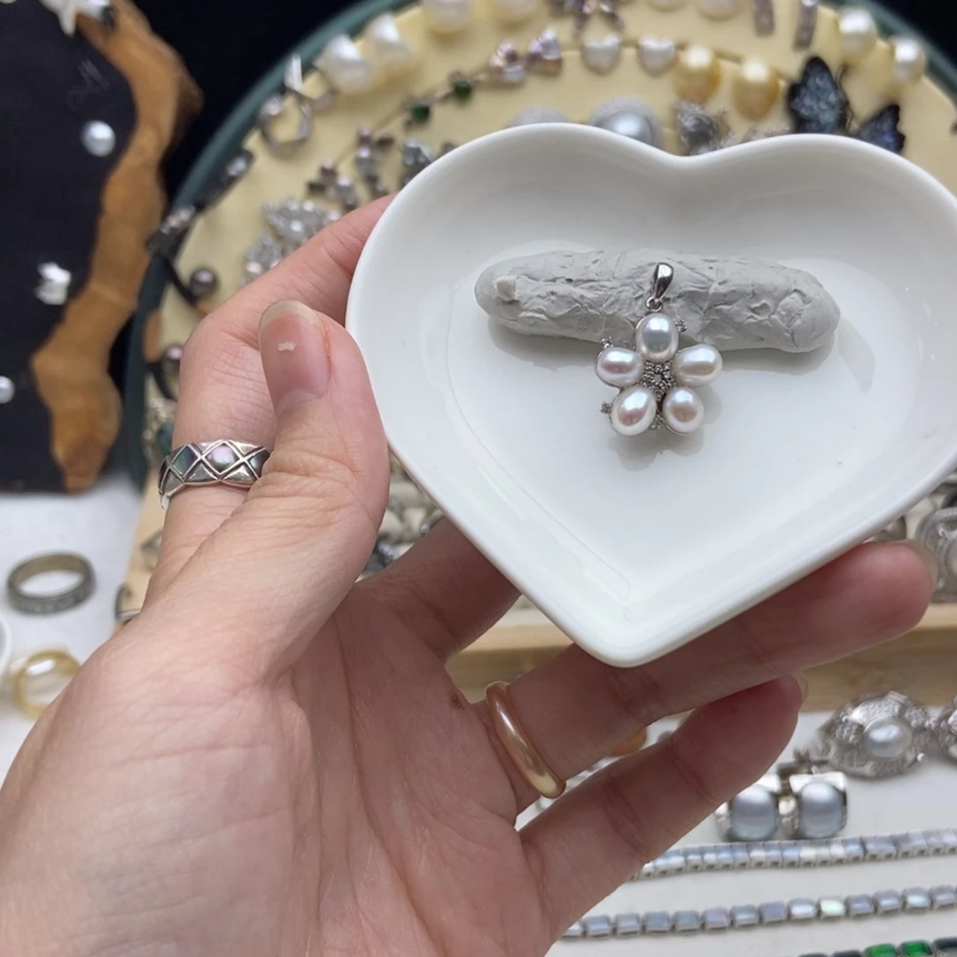 画框银S925镶嵌淡水珍珠花花吊坠