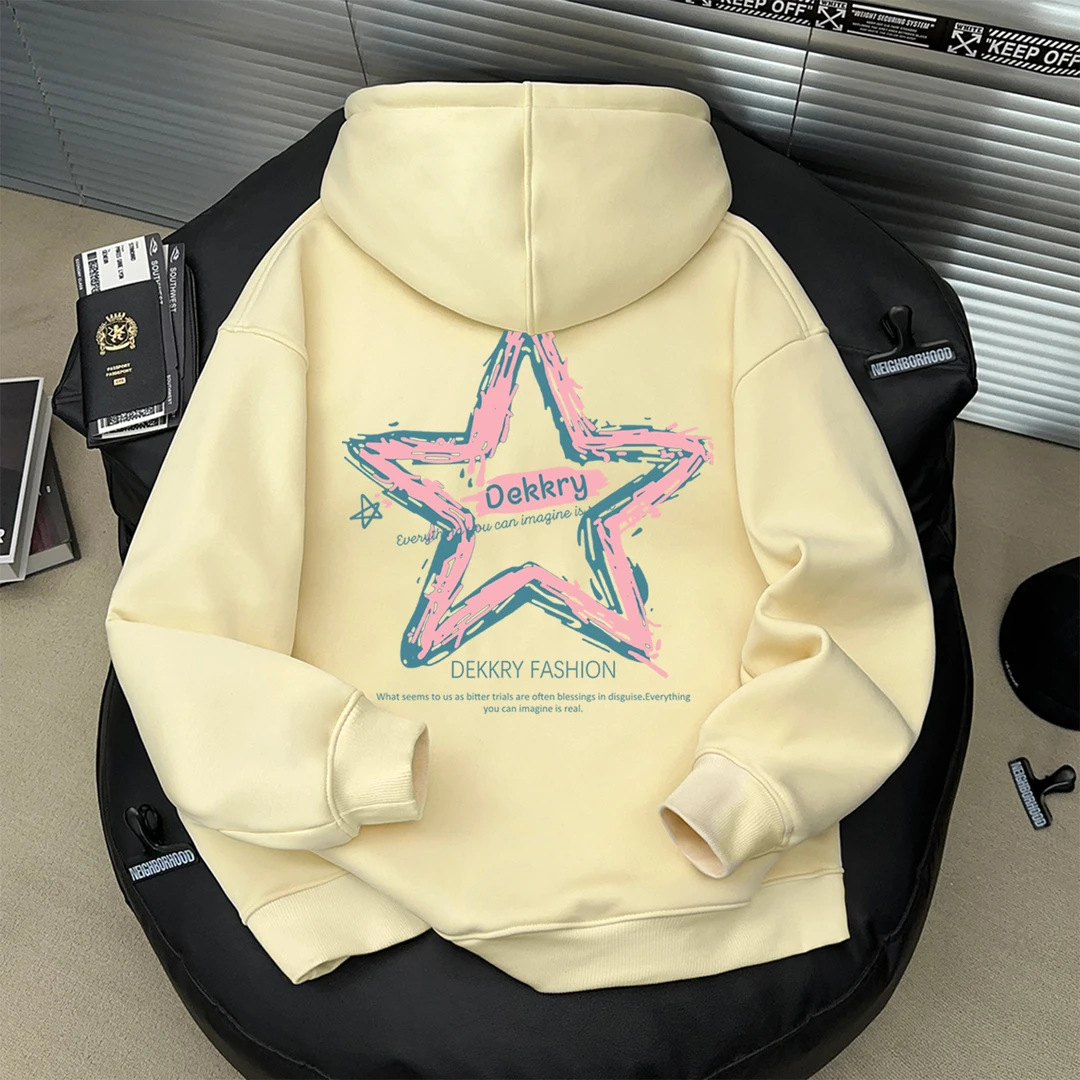 美式油彩星星图案印花杏色卫衣秋冬季男女款连帽套头中性休闲上衣