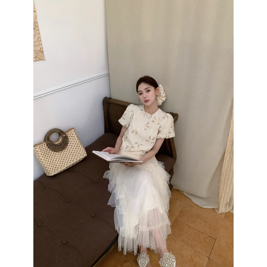 【富人区短袖版】26805-1 设计师款小众刺绣钩花串珠蝴蝶结短袖上衣