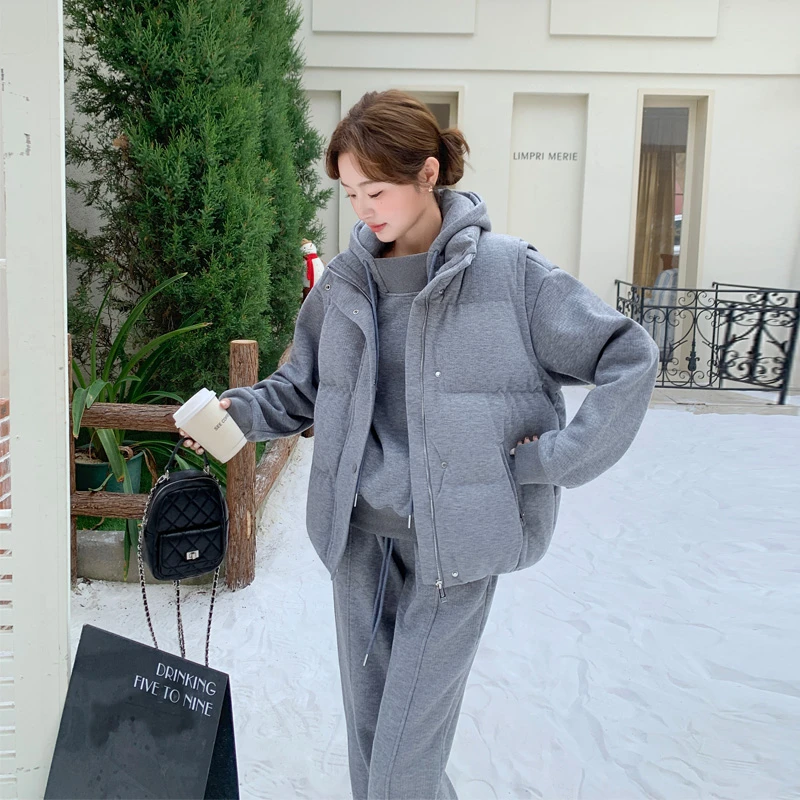 韩系ins风休闲卫衣马甲长裤套装2025秋冬新款松弛感学院风三件套