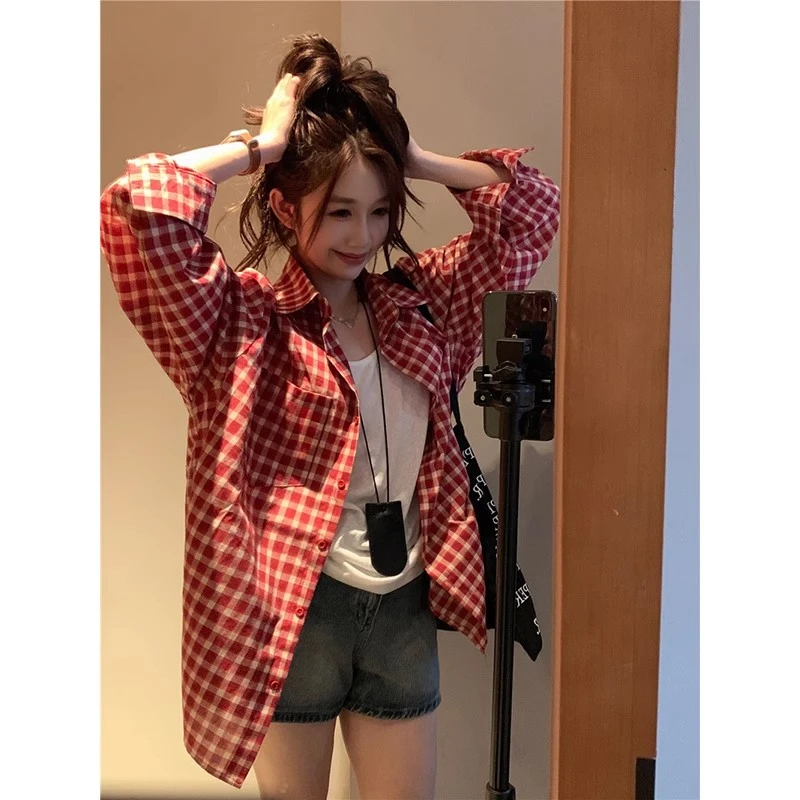 复古红色格子衬衫女春夏新款韩版宽松外搭上衣长袖美式防晒衬衣薄