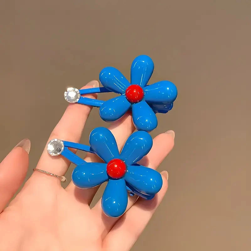 韩系蓝色花朵水钻发夹女边夹侧边碎发刘海鸭嘴夹子高级感百搭夹子