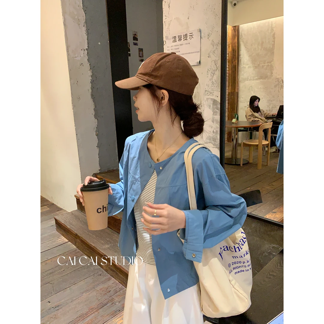 【C·Cai】早春设计感极简圆领单排扣工装小衫+条纹背心套装2556#