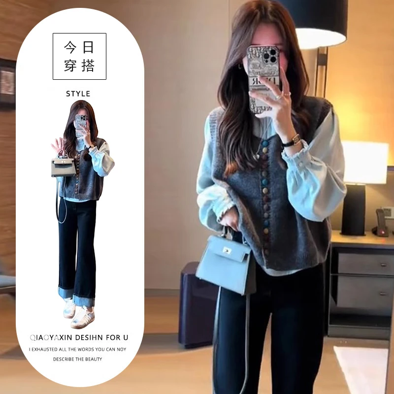 春秋季新款学院风套装女简约宽松上衣百搭针织马甲高腰显瘦休闲裤