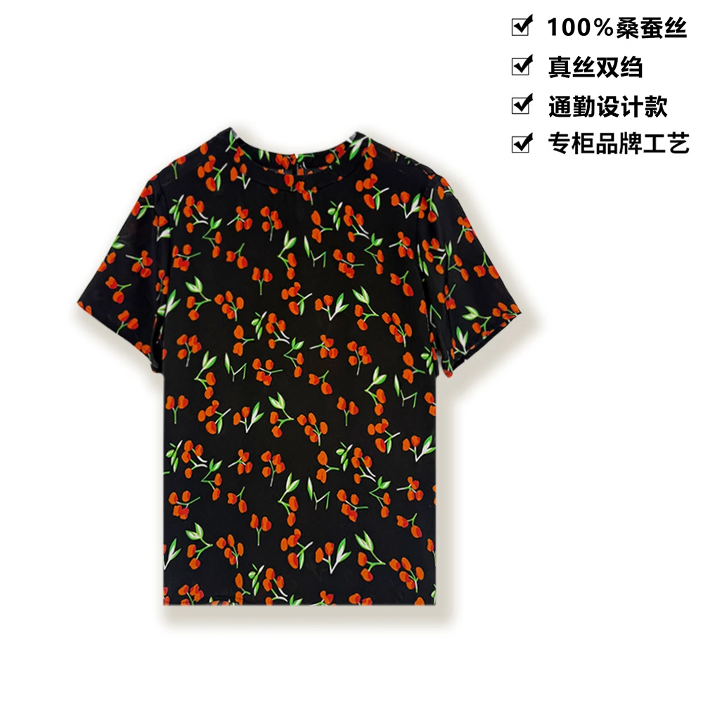 100桑蚕丝T恤真丝双绉樱绽墨韵印花桑蚕丝T恤上衣DXD13
