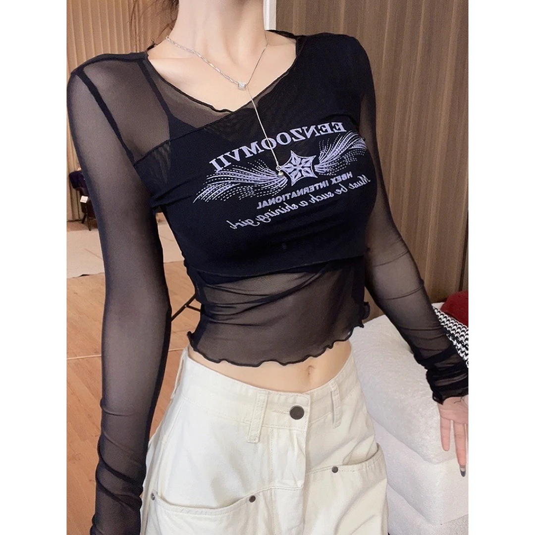 美式复古罩衫T恤女2025早春新款设计感不规则长袖短款上衣-T2378