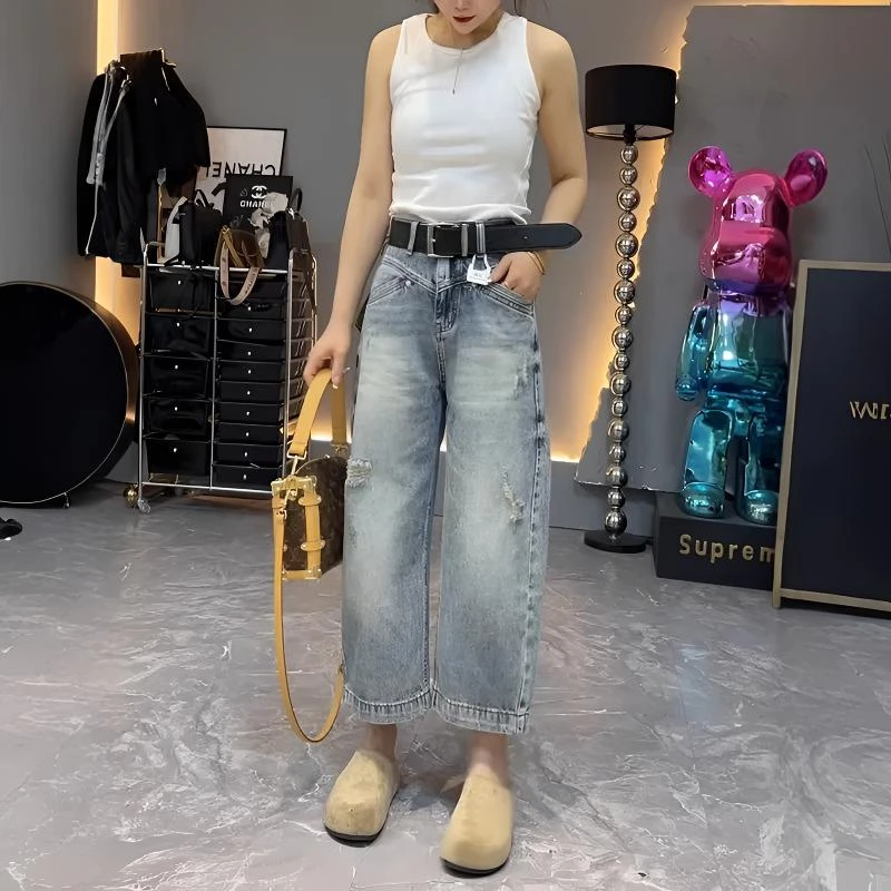 2025春季爆款高腰显瘦无弹直筒弯刀牛仔裤大码百搭宽松遮胯阔腿裤